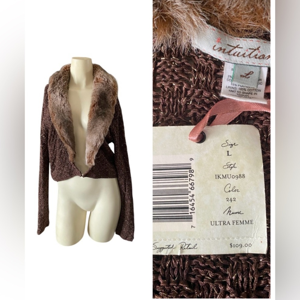 Intuitions Brown Gold Metal knit cardigan faux fur Collar vintage style
